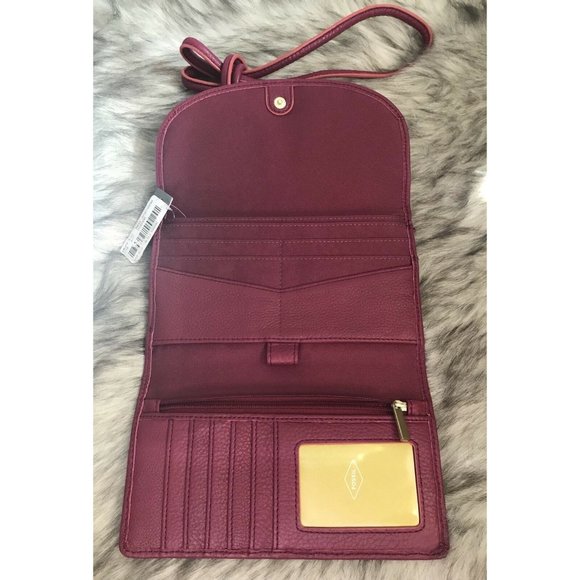FOSSIL Sophia Wallet Crossbody Purse Pink Raspberry Wine Leather - Picture 7 of 8